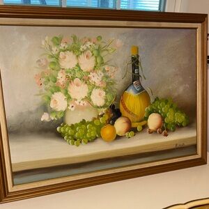 Vintage Floral and Fruit Still Life Painting with Gold Wood Frame Original Art